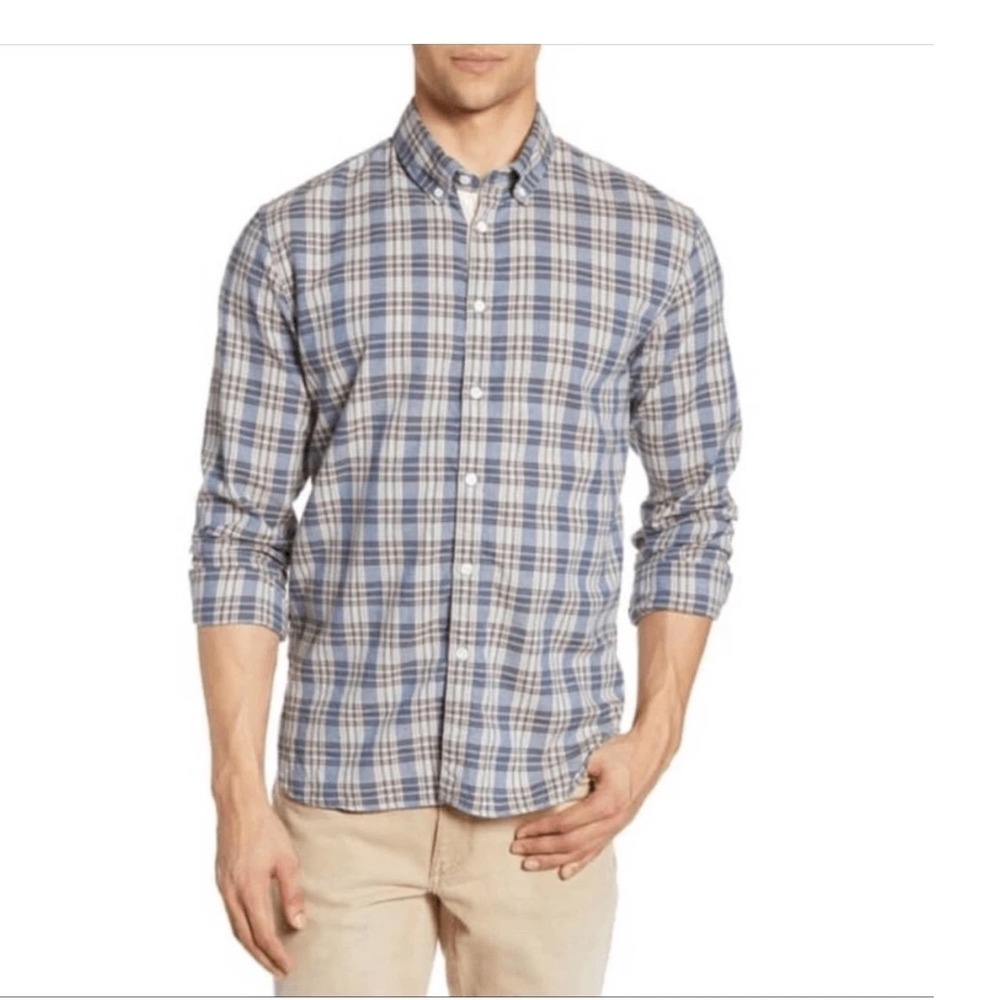 Billy Reid Standard Fit Plaid  Button Down Shirt Cotton Linen Blue Beige Small